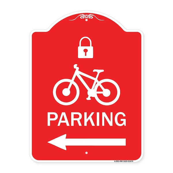 Parking W/ Lock Cycle & Left Arrow, Red & White Aluminum Sign, 18" x 24", RW-1824-23474